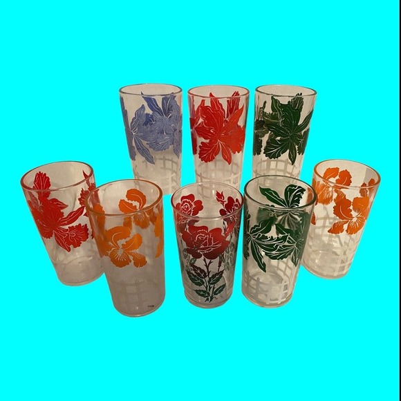 8 Floral Drinking Glasses Wire Caddy 7 Irises Hazel Atlas 1 Rose Libbey Country - Picture 11 of 13